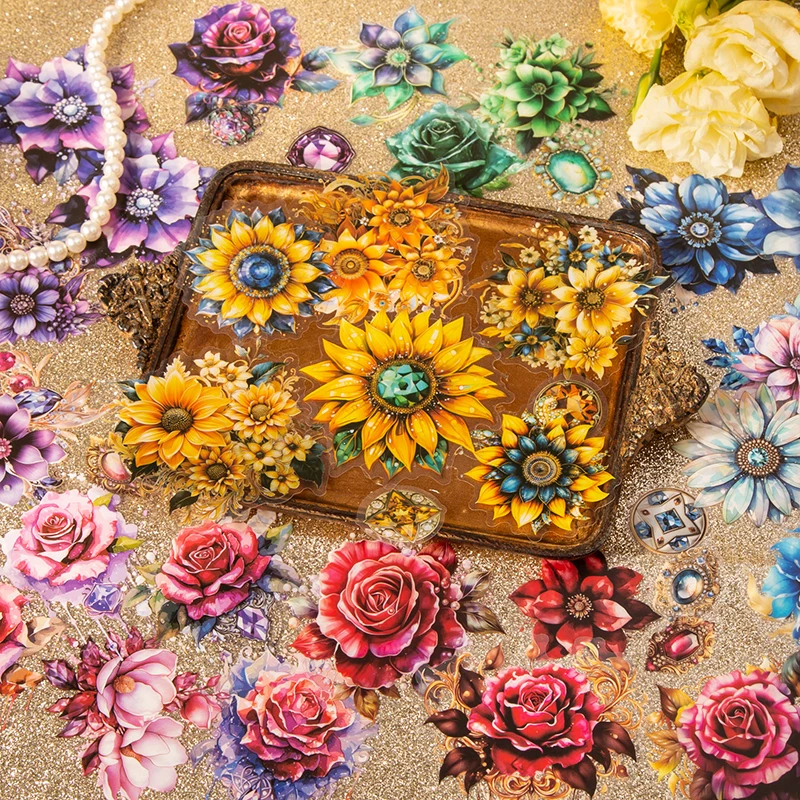 30Pcs Gem Blooming Series Sticker Pack Vintage Flower Scrapbooking Material Label DIY Decorative Journal Planner Stationery