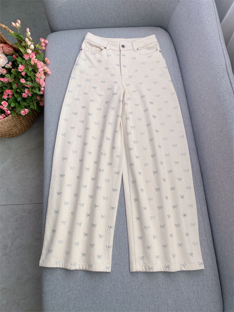 

Off-white, fashionable and elegant, heavy bow embossed diamond loose wide-leg straight jeans and long pants