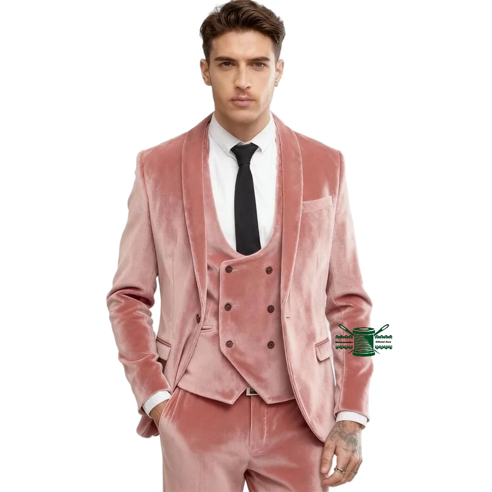 

Розовый бархатный мужской костюм-двойка: двубортный смокинг, индивидуальный пошив, для жениха, для свадьбы