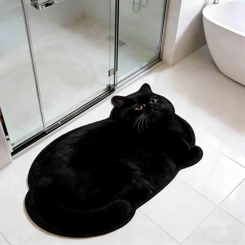 VIKAMA Realistic 3D Fluffy Fat Black Cat Shaped Bathroom Doormat Anti-slip Quick Water Absorbing Indoor Carpet Home Decoration