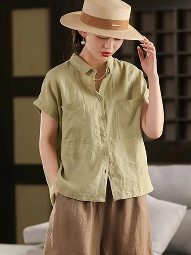 

Women Casual Linen Shirt New 2025 Summer Vintage Style Solid Color Loose Comfortable Female Short Sleeve Tops Shirts T634
