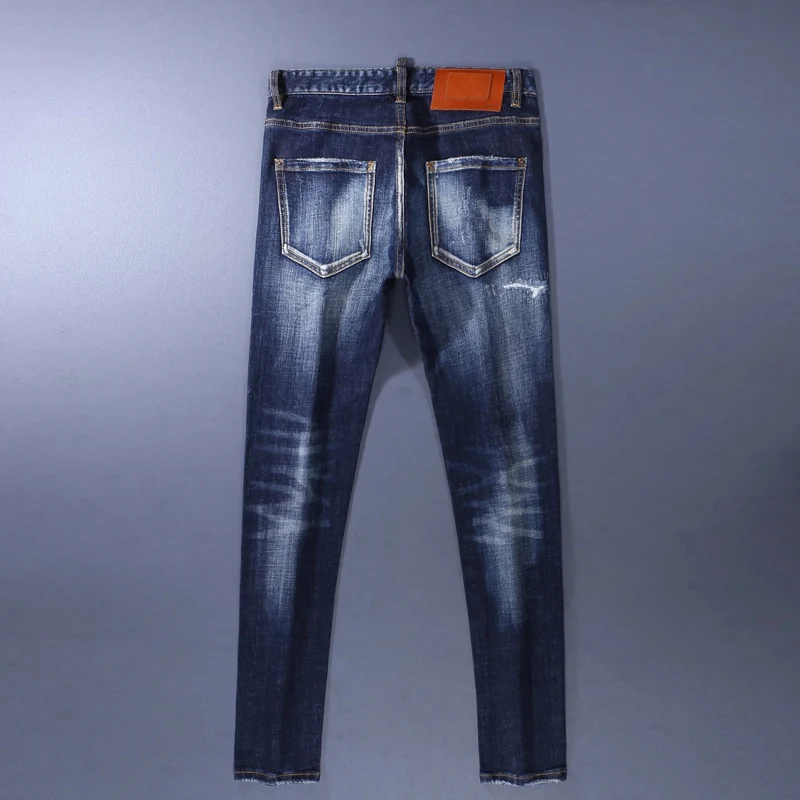 Street Designer Fashion Men Jeans Retro Washed Blue Stretch Slim Fit Patched Ripped Jeans Men Brand Vintage Y2K Denim Pants