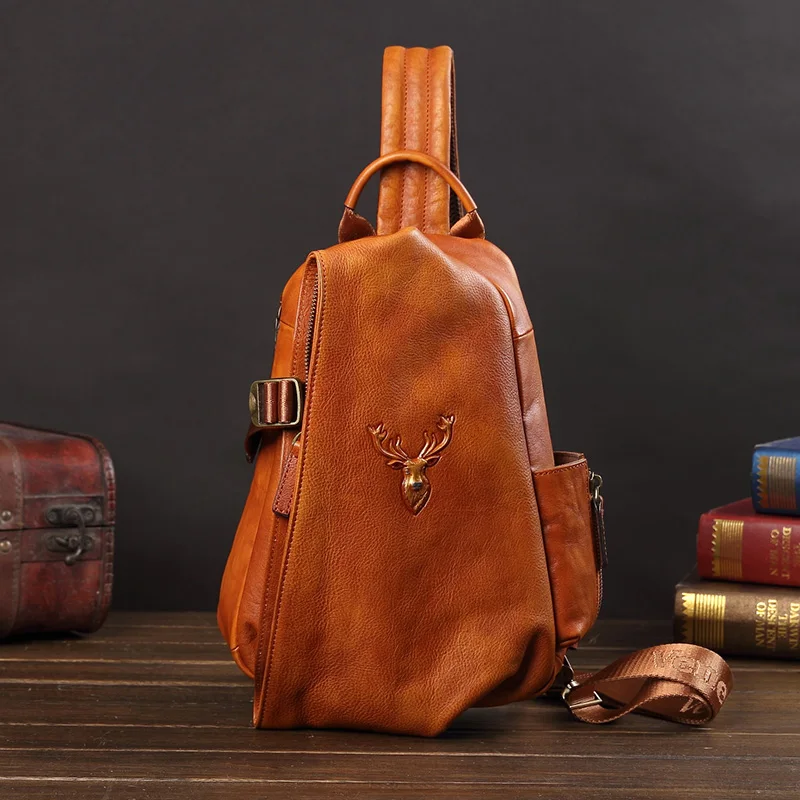 Vintage Genuine Leatehr Men Chest Bag Messenger Bag Fashion Casual Hand Ladle Men's Shoulder Bag Male Small Chest Bags Soft Flap