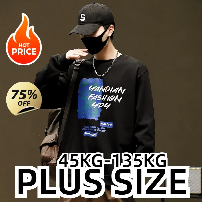 Plus Size Men's Sweatshirt Letter Cotton Long Sleeved T-shirt Autumn Warm Dinosaur Fossil White Top Oversized Men's Clothing 8XL