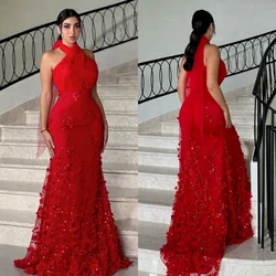 Customized Matching Unisex High Quality Jersey Pleat Applique Flower Mermaid Halter Long Dresses Bespoke Occasion Dresses Intric