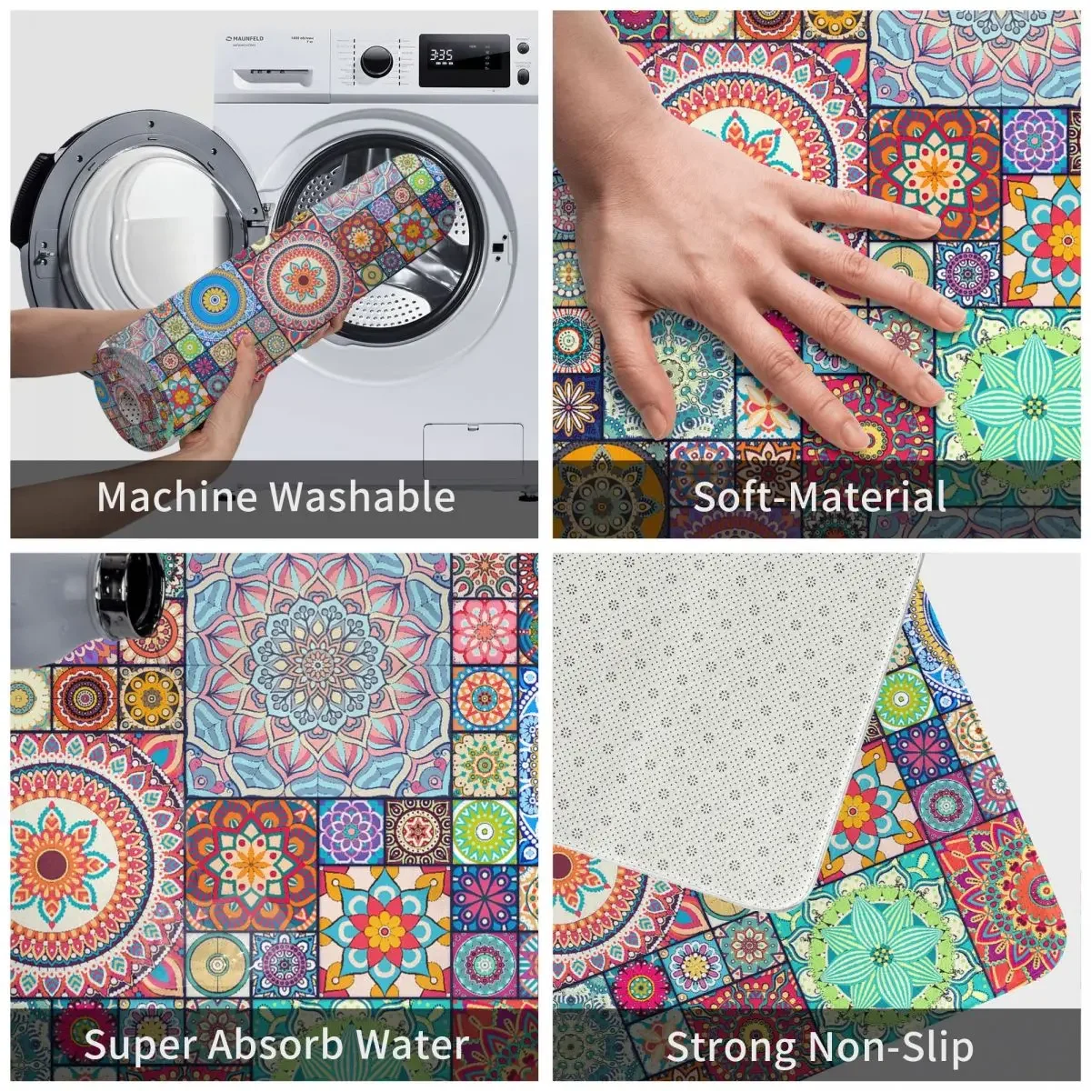 Boho Mandala Wall Art Mexican Tile Bathroom Mat Non Slip Doormat Bath Rug Quick Dry Floor Mats for Bathroom 60x40