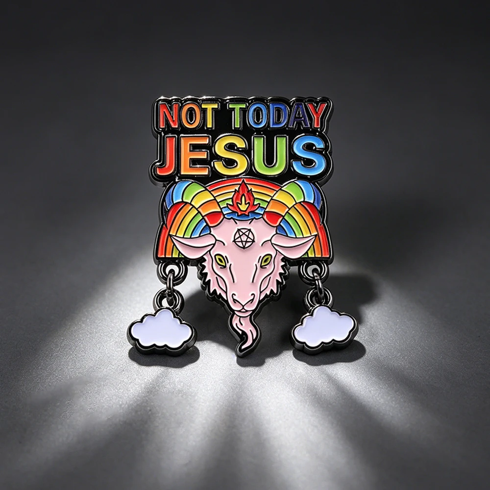 �Not Today Jesus“ Ziegen-Brosche, Regenbogen-Baphomet-Emaille-Pin, subkulturelles Metall-Abzeichen, Wolken-Anhänger, Reversnadel, Dekoration, Geschenk – Detail 1