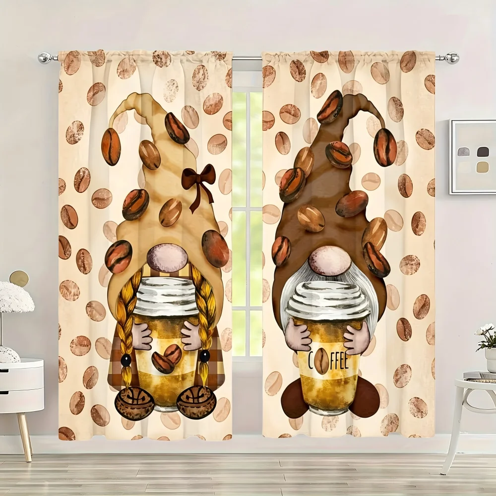 2PCS Cartoon Sheer Curtains, Coffee Gnome Bean Cup, Digital Print, Bedroom Living Room, Rod Pocket Polyester, Home Decor