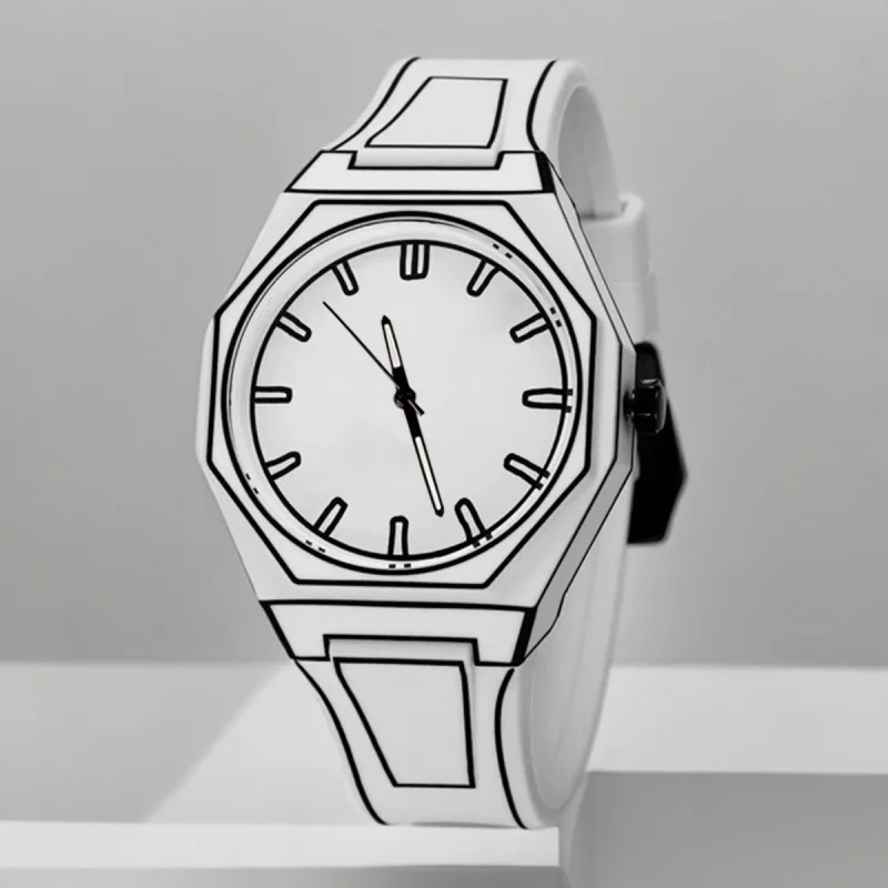 Deesio Men's Watches Black White Mirror Quartz Watch for Man Creativity 2D Comic Style Wristwatch Male Date Week Leisure DIY