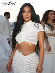 Kontturi Fall Sexy Club Knit See Through Two 2 Piece Set For Women Outfit Short Sleeve Crop Tops White Long Skirts Matching Sets