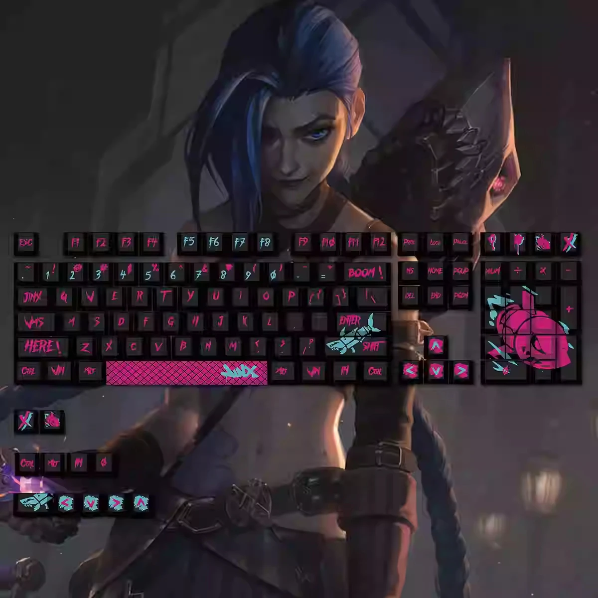 Jinx Keycaps Theme ، ملف تعريف الكرز ، مفاتيح ، جرافيتي شخصي ، PBT مخصص ، خمسة جوانب ، تسامي حراري ، ملحقات الكمبيوتر