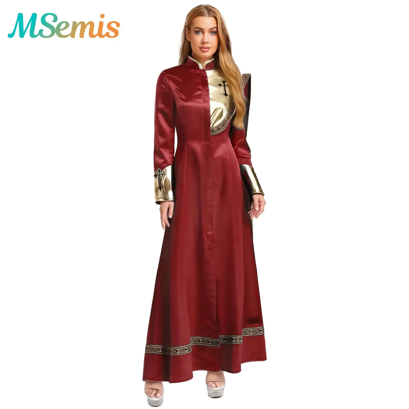 

Womens Halloween Priest Long Robe Church Pastor Clergy Cassock Cosplay Costume Metallic Shiny Drape Front Zipper Jackets Coats