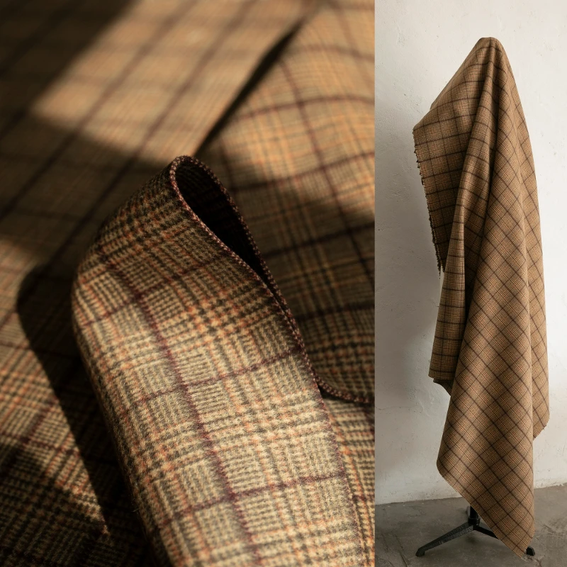 

Fabric Wide 148cmx50cm 1PcBrown Caramel Plaid Heavy Woollen Cloth for Overcoat Yarn-Dyed Woolen Hand-Stitched DIY Coat Dress Top