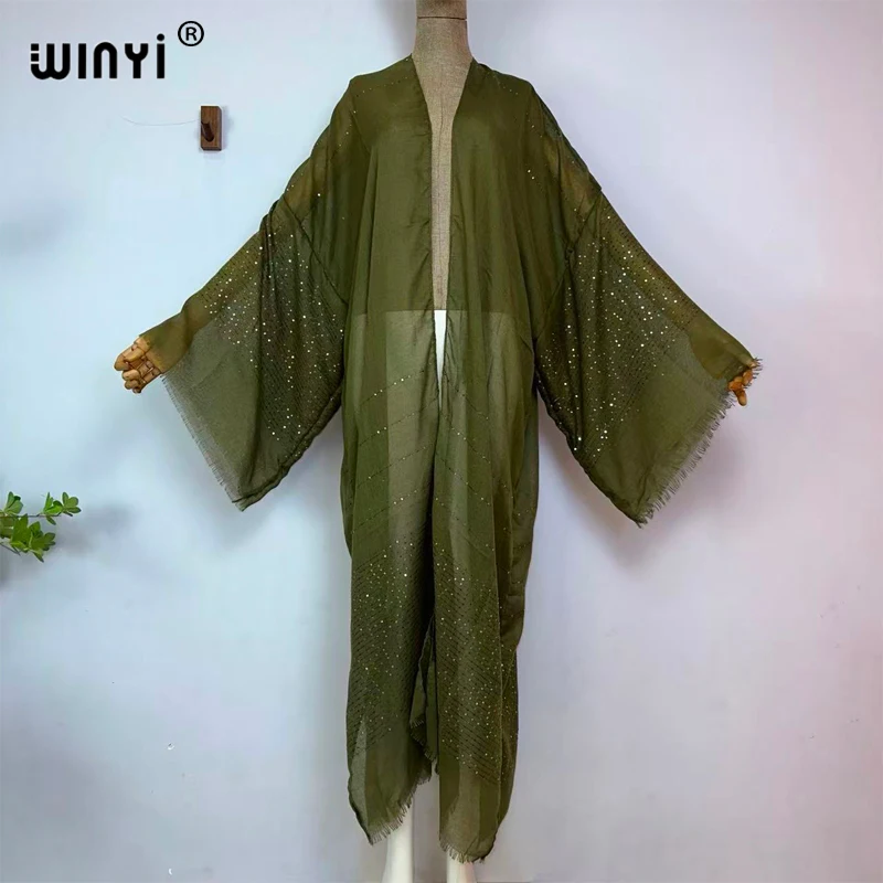 WINYI Solid Color Design Beach Wear Swim Suit Middle East Abaya Dubai Luxury Women Cardigan Holiday Long Sleeve Kimono Dress