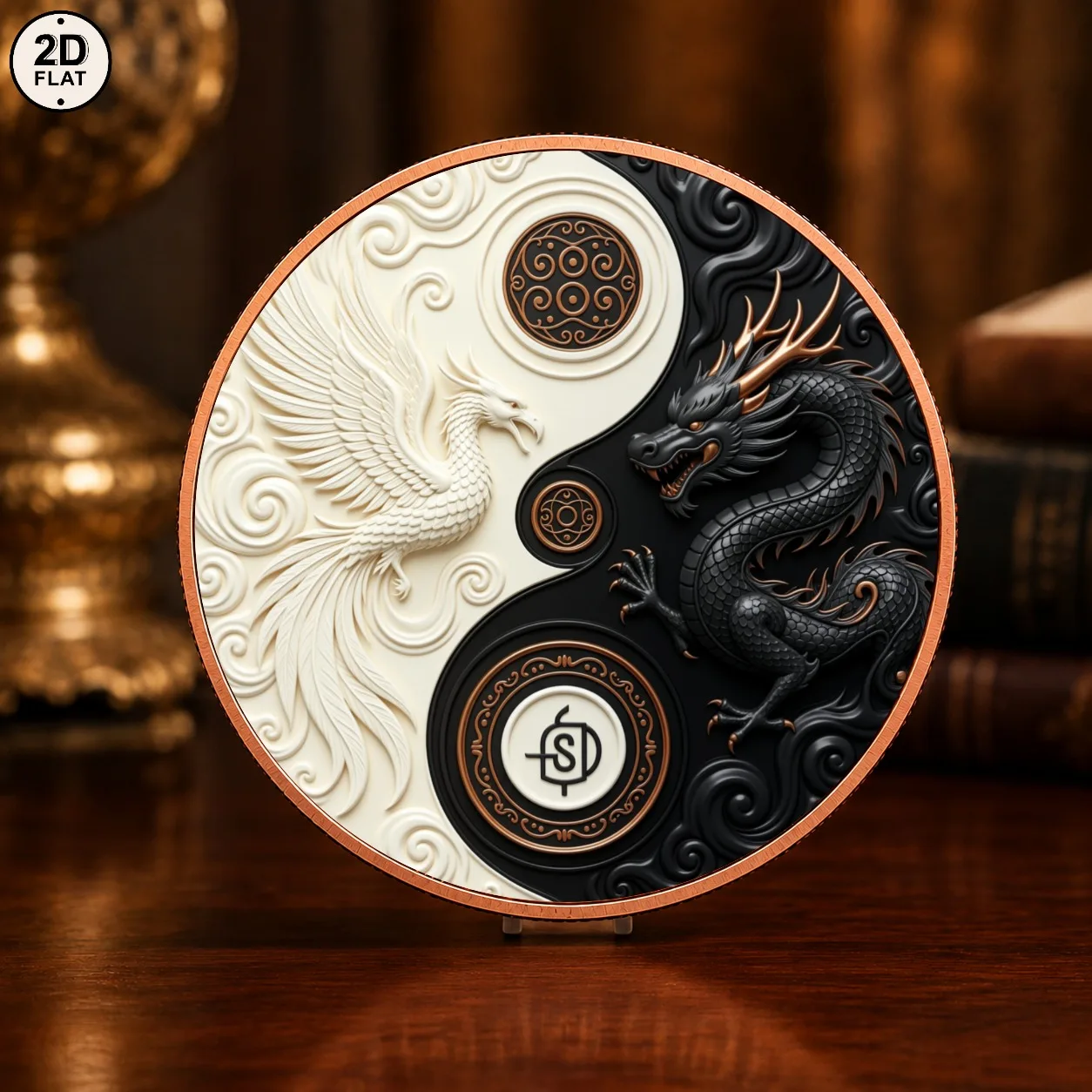 1pc Mythical Dragon Phoenix 1oz .999 Fine Copper Challenge Coin Color Print Oriental Yin Yang Collectible Coin Eastern Art Gifts