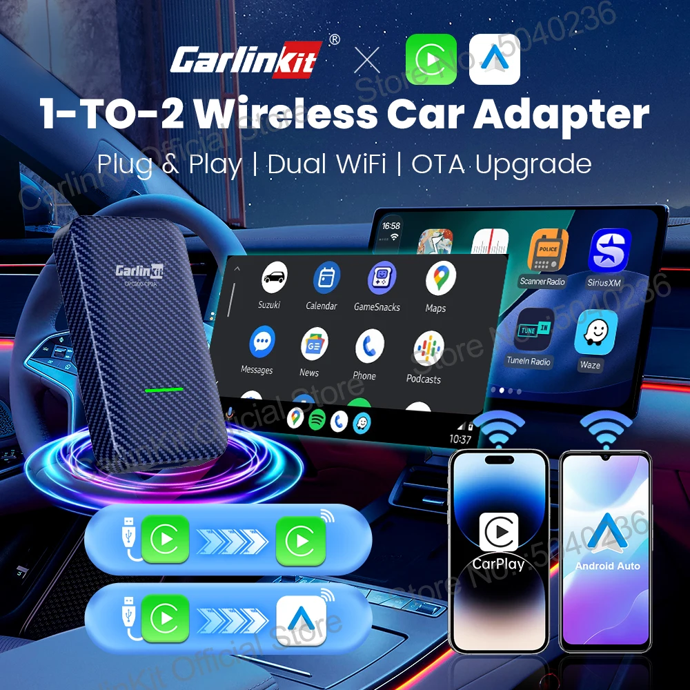 CarlinKit 4.0 2-In-1 Wireless Adapter Wireless Android Auto CarPlay 1 To 2 Smart Car Box Plug &Play OTA Upgrade For CarPlay Cars