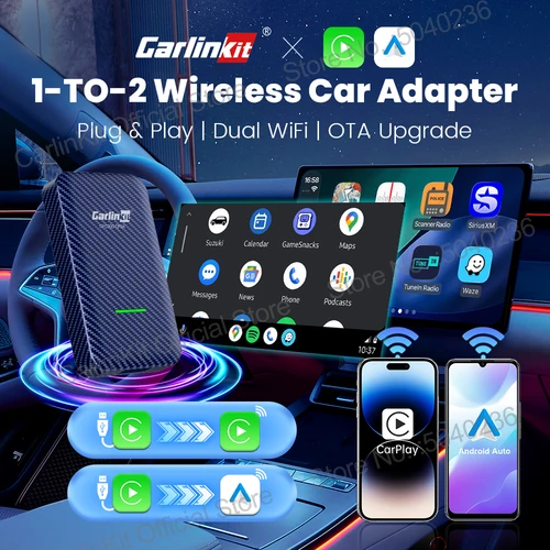 Imagen 2 del producto CarlinKit 4,0 adaptador inalámbrico 2 en 1 inalámbrico Android Auto CarPlay 1 a 2 caja de coche inteligente Plug & Play actualización OTA para coches CarPlay