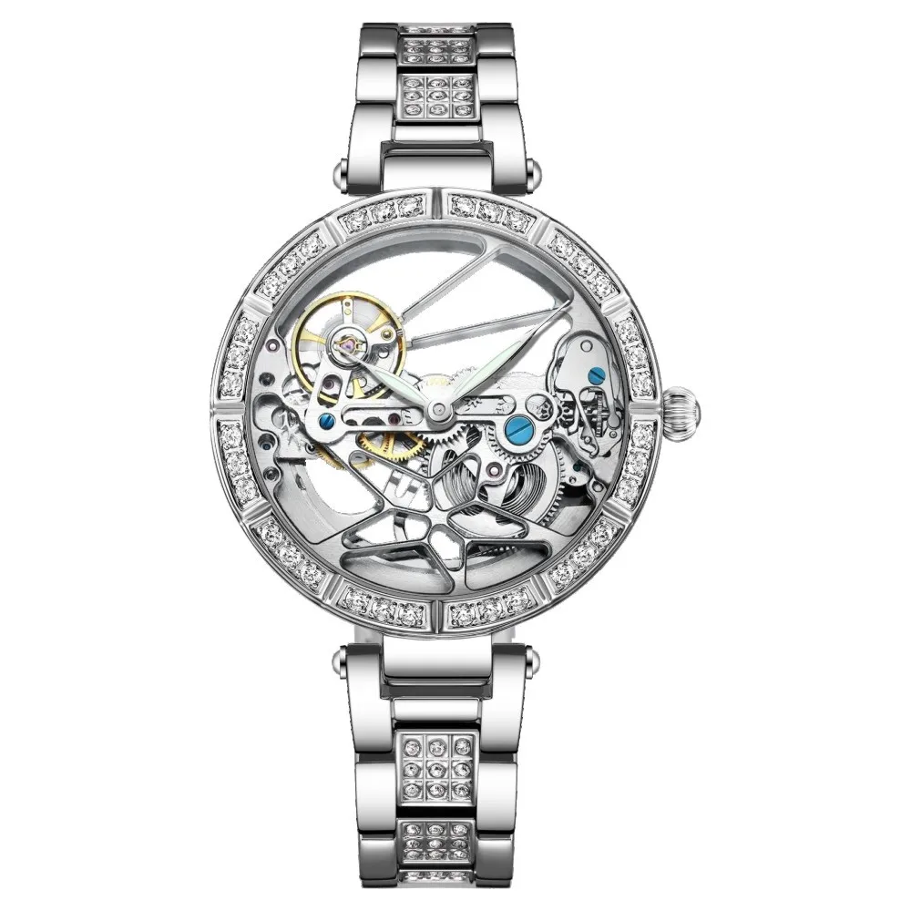 Luxury Skeleton Silver Dial Fashion Watches with Stainless Steel Band New Automatic Mechanical Wristwatch for Women Reloj Mujer