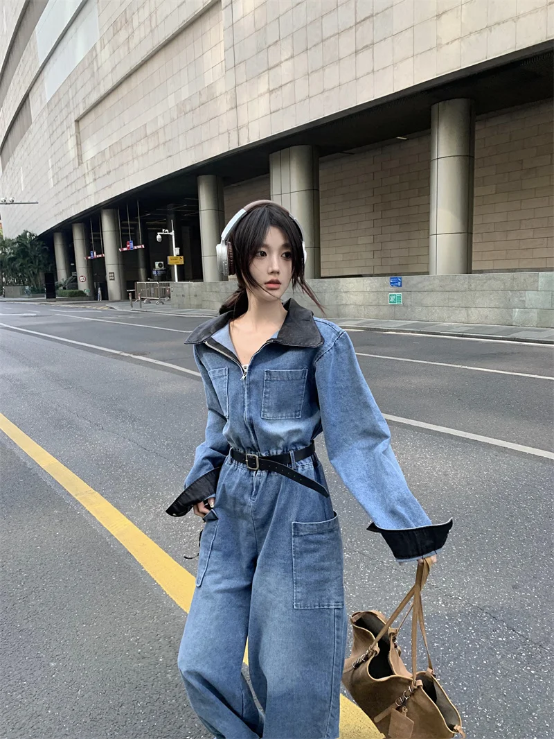 

Vintage Color Matching Polo-neck Cargo Denim Jumpsuit Women's Spring and Autumn Long-sleeved High Waist Wide Leg Jumpsuit