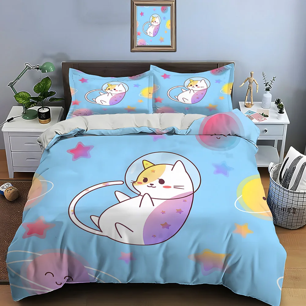 

Space cat with star background Bedding Set for Kids Luxury Gift 3pcs Digital Print Comforter Set Soft Comfortable Breathable