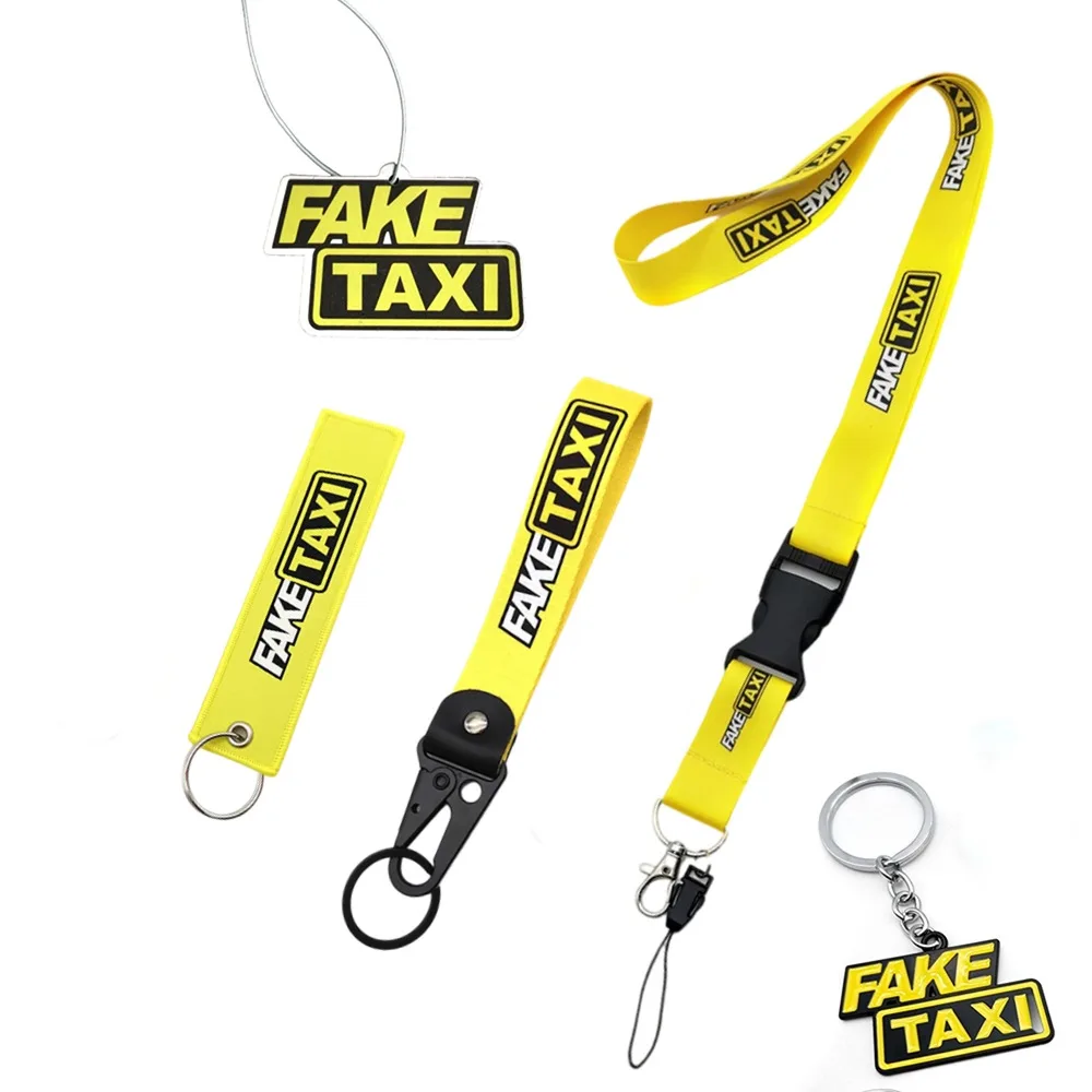 FAKE TAXI Series Car Keychains Yellow Nylon Fashion Key Strap Racing Culture Neck Lanyard Key Rings for Auto Moto Accessories