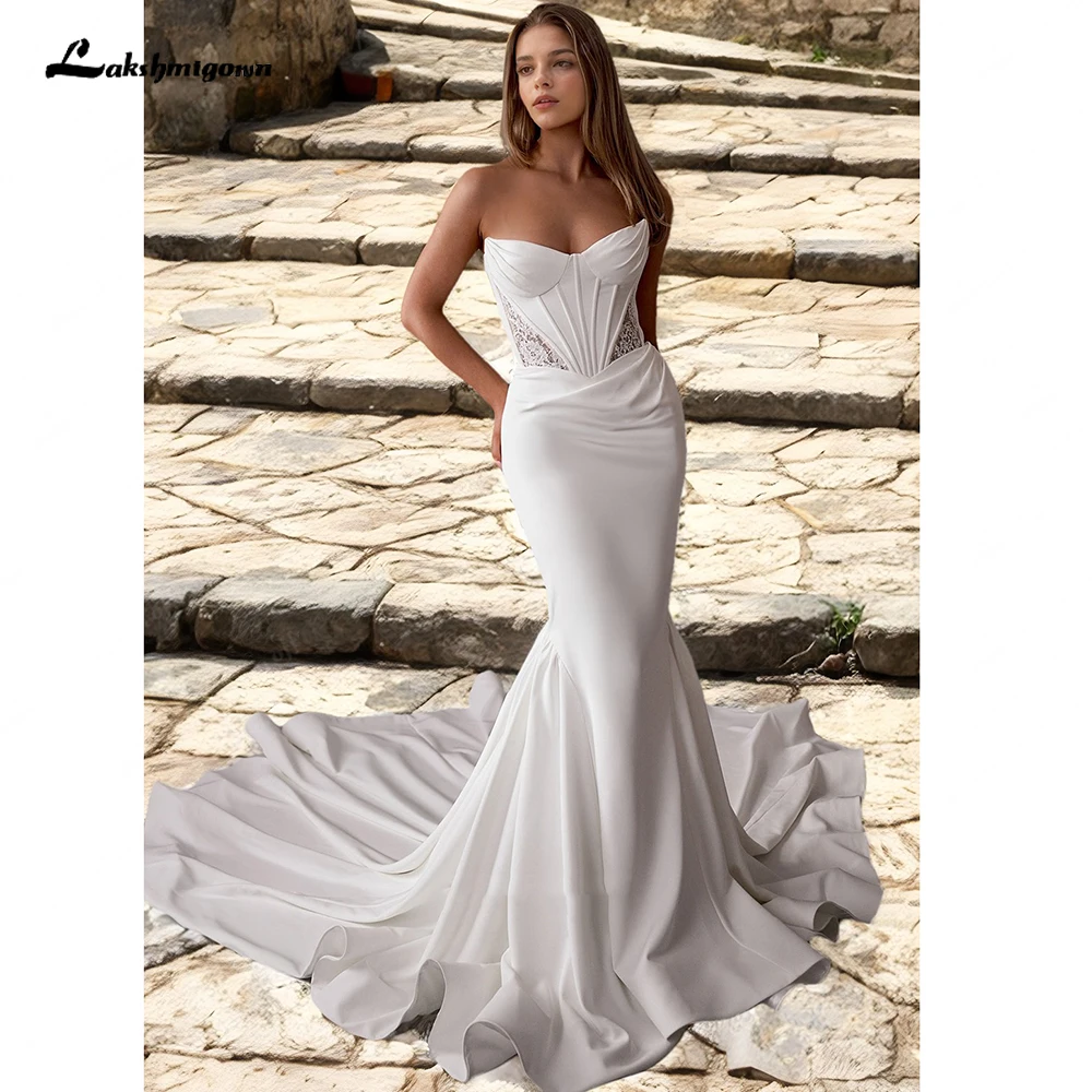 Lakshmigown Sexy Meerjungfrauen-Hochzeitskleider Boho Trägerloses Satin-Hochzeitskleid mit Spitzenbesatz Rückenfreies Robe De Mariee Maßanfertigung – Detail 5