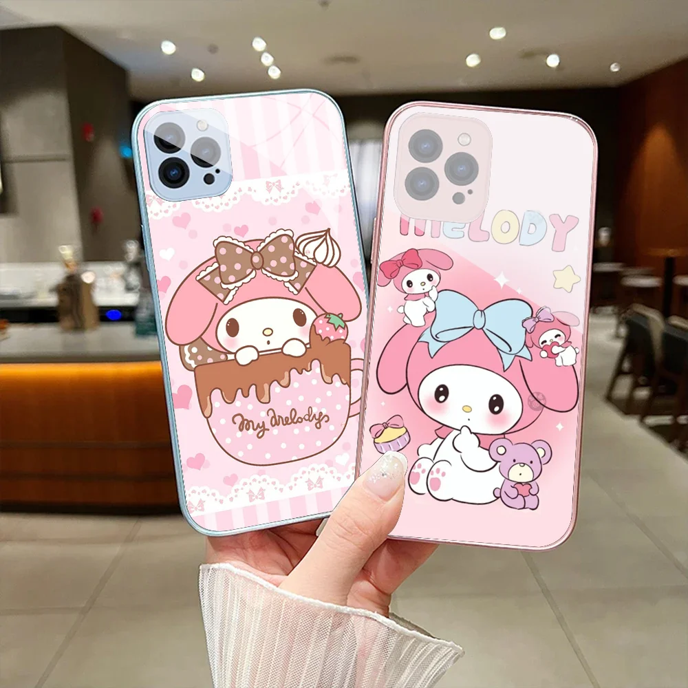 S-Sario M-My M-Melody Phone Case For IPhone 15 14 13 12 Mini 11 Pro Max X XS XR 6 7 8 SE Plus Glass Hard Cover