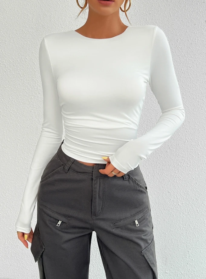 

Woman Blouse 2024 Spring Temperament Slim Fit Backless Round Neck Long Sleeved Casual Solid Color Skinny Daily Crop Top