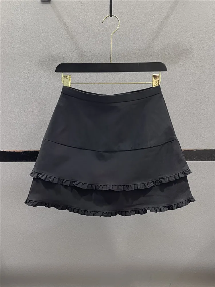 Sweet Double Layer Wooden  Half Skirt Women's A-Line  Skirt Summer 2026 New Style Anti-Light High Waist Slimming