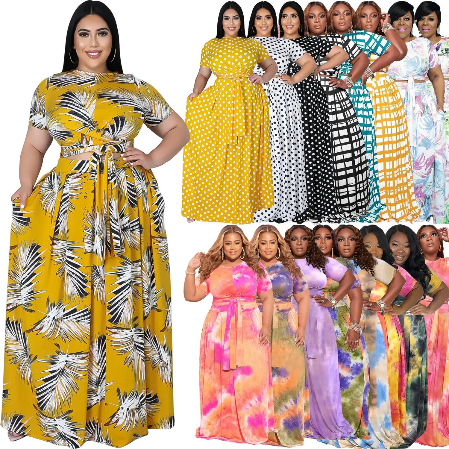 

Long Skirt Suits for Women Fashion Tie-Dye Short Sleeve Shirt and Swing Skirt Casual 2 Piece Sets Womens Outfits Size L-5XL