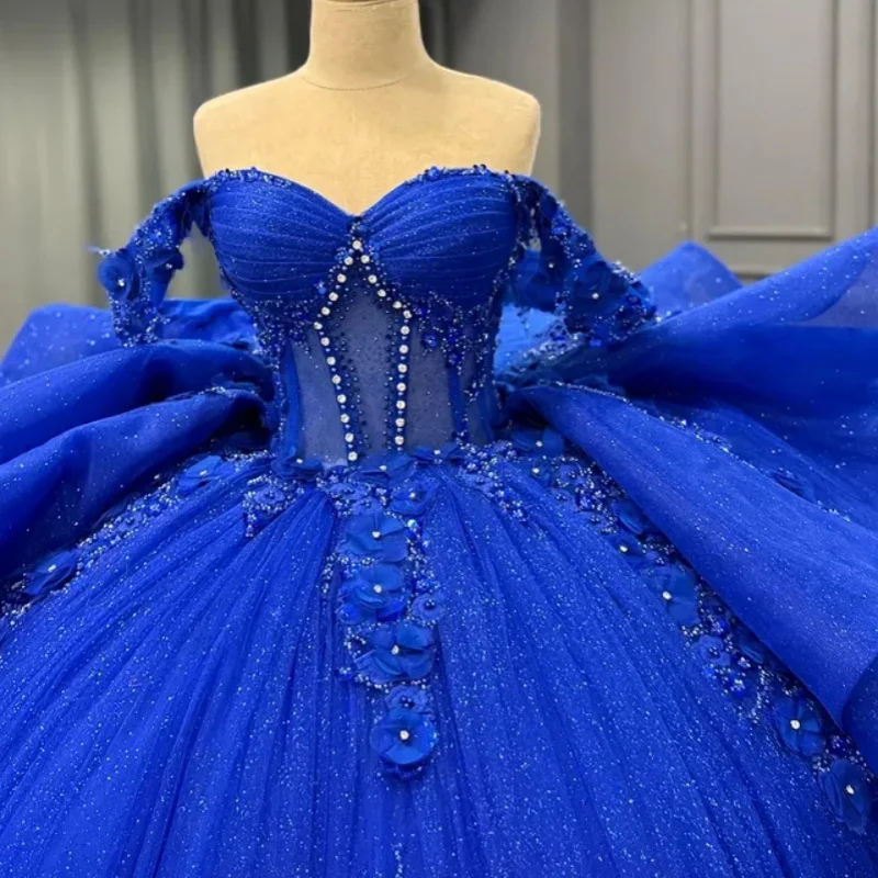 

Блестящее королевское синее платье Quinceanera с открытыми плечами, блестящие 3D цветы, длинный хвост, платья de 15, Quinceanera ﻿ Настроить