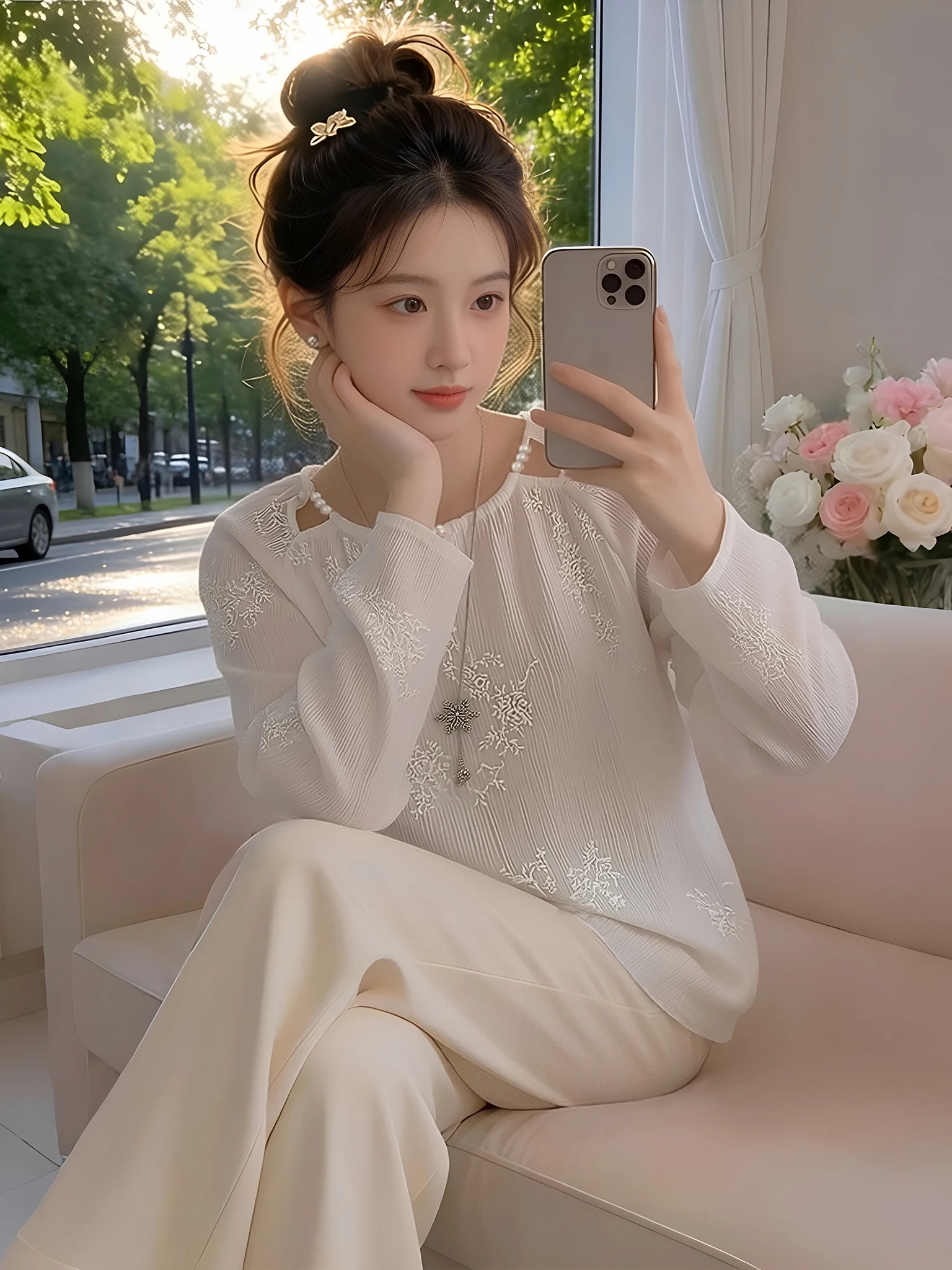 

Women's Hollow out Lightweight Long Sleeve Shirt Elegant Fashionable Spring Autumn High End Feeling Anti Aging Trendy Top