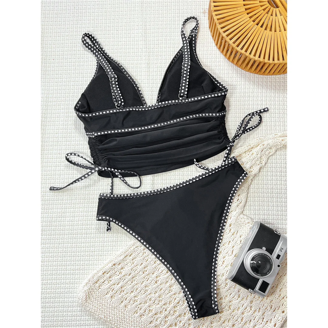 2026 Tankini mit V-Ausschnitt, gespleißter, geraffter Bikini, Damen-Badeanzug, zweiteiliger Bikini-Set, Badebekleidung, Badeanzug, Schwimmanzug V8266 – Detail 4