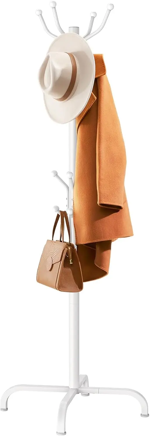 

Freestanding Coat Rack with 14 Hooks for Entryway, Hallway, Bedroom, Office - White Metal Hat & Bag Stand
