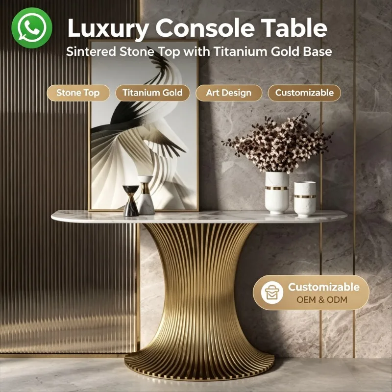 Luxury Curved Titanium Gold Console Table, Sintered Stone Top Entryway Accent Table for Hallway Living Room Home Decor