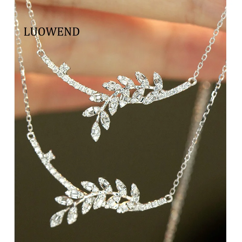 LUOWEND 100% 18K White Gold Necklace Elegant Leaf Shape Real Natural Diamond Pendant Necklace for Women High Wedding Jewelry