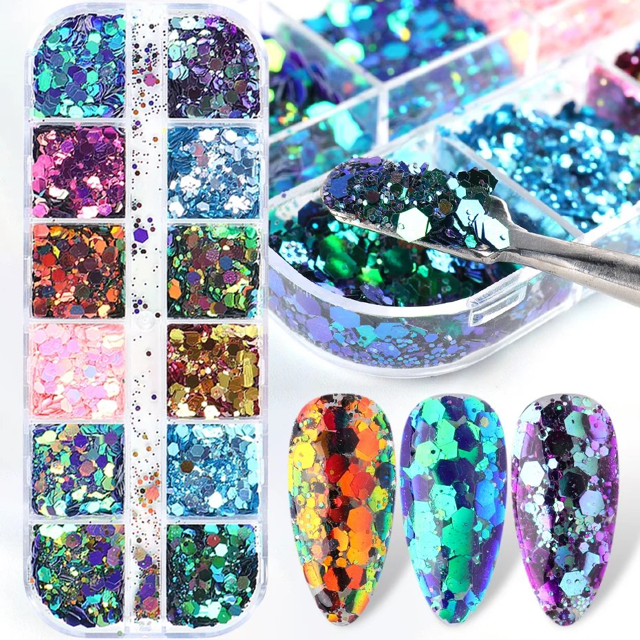 1 ensemble caméléon ongles paillettes sirène miroir hexagone 3D paillettes flocons Paillette bricolage Laser paillettes vernis manucure conseils