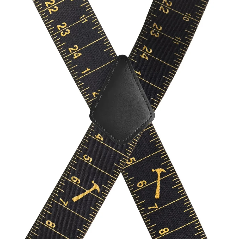 Durable Men's 2-Inch Wide X-Back Adjustable Elastic Work Suspenders with Heavy-Duty Clips and Black Tape Measure Design Braces