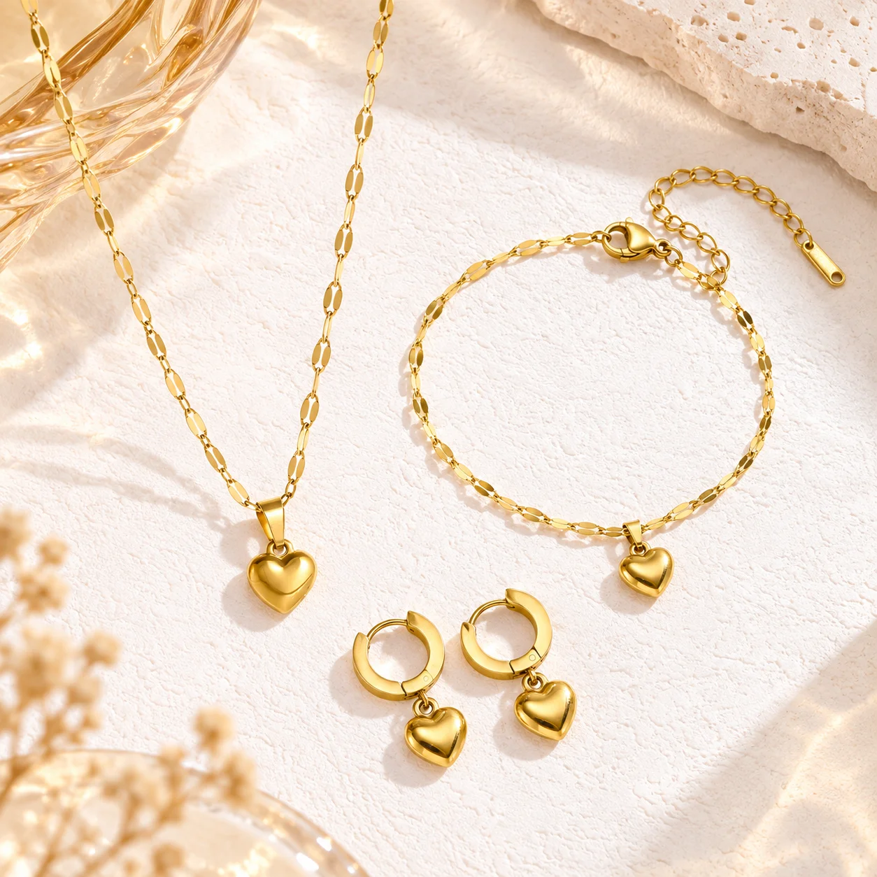 Women Stainless Steel Puffy Heart Jewelry Set Necklace Bracelet Huggie Hoop Earrings 3PCS Minimalist Fashion Gift