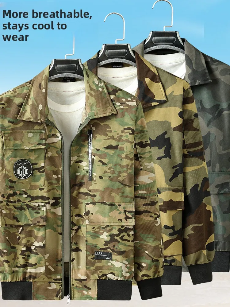 Summer Thin Ice Silk Work Uniform Set Men's Elastic Quick Dry Wear Resistant Dirty Proof Camouflage Labor Protection Workwear