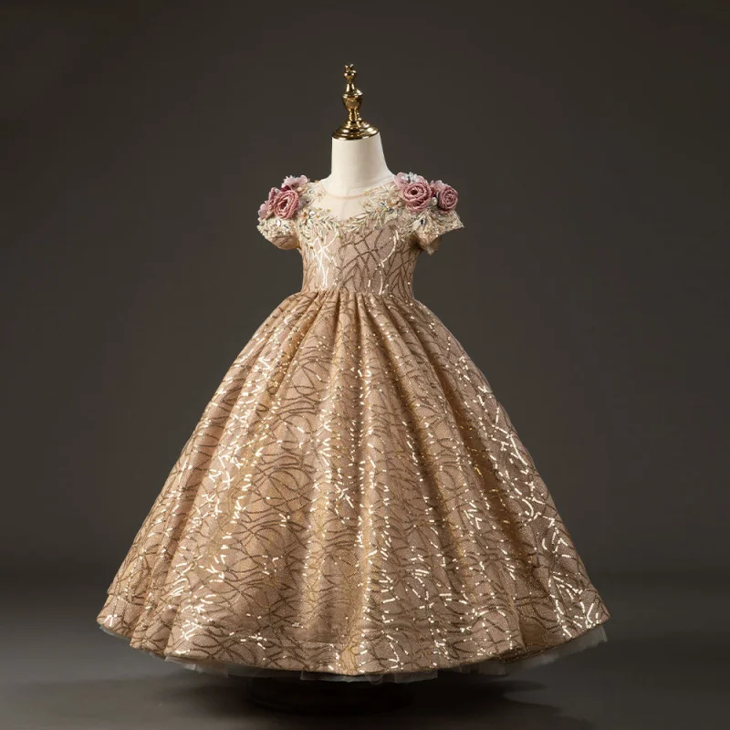 

Girls Princess Dress Sequin Birthday Host Elegant Violin Piano Performance Dress Catwalk Evening Dress Spring