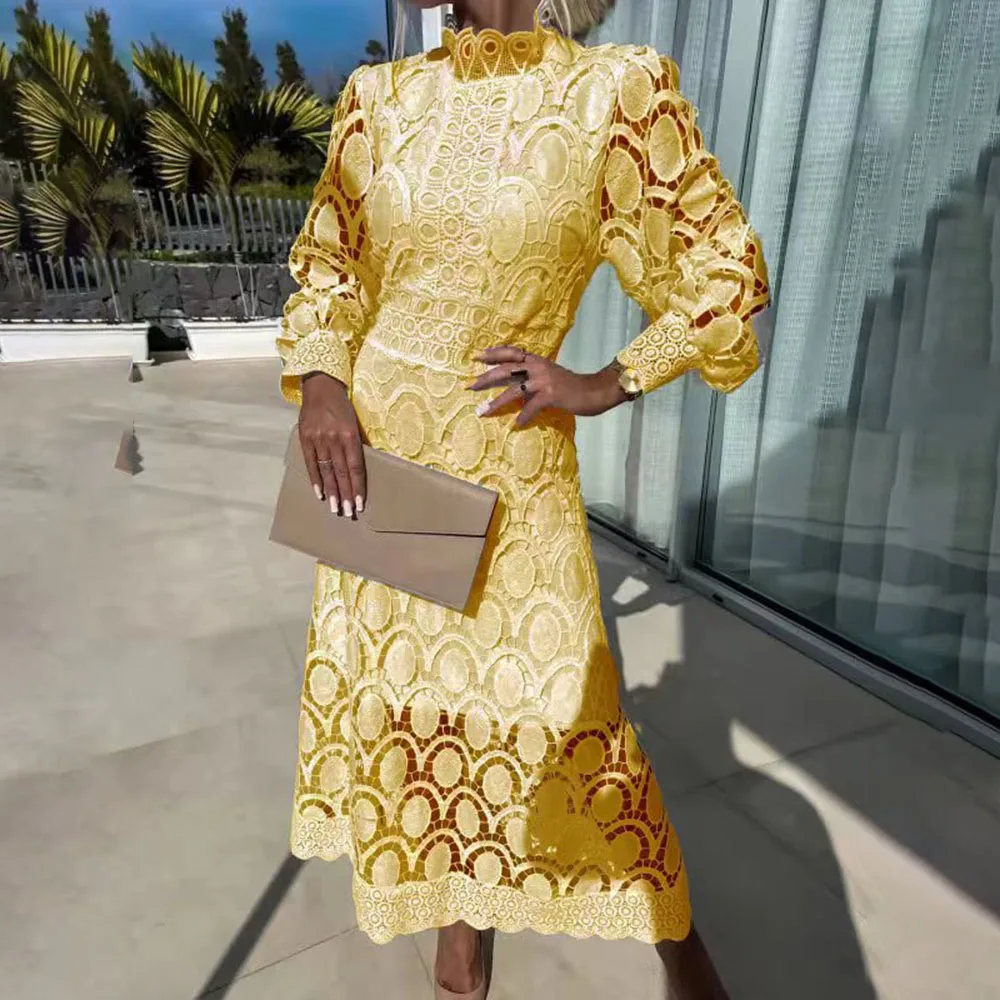 Elegante vestido largo de encaje de manga larga para mujer verano 2025 moda ahueca hacia fuera medio cuello alto vestidos largos ajustados Casual