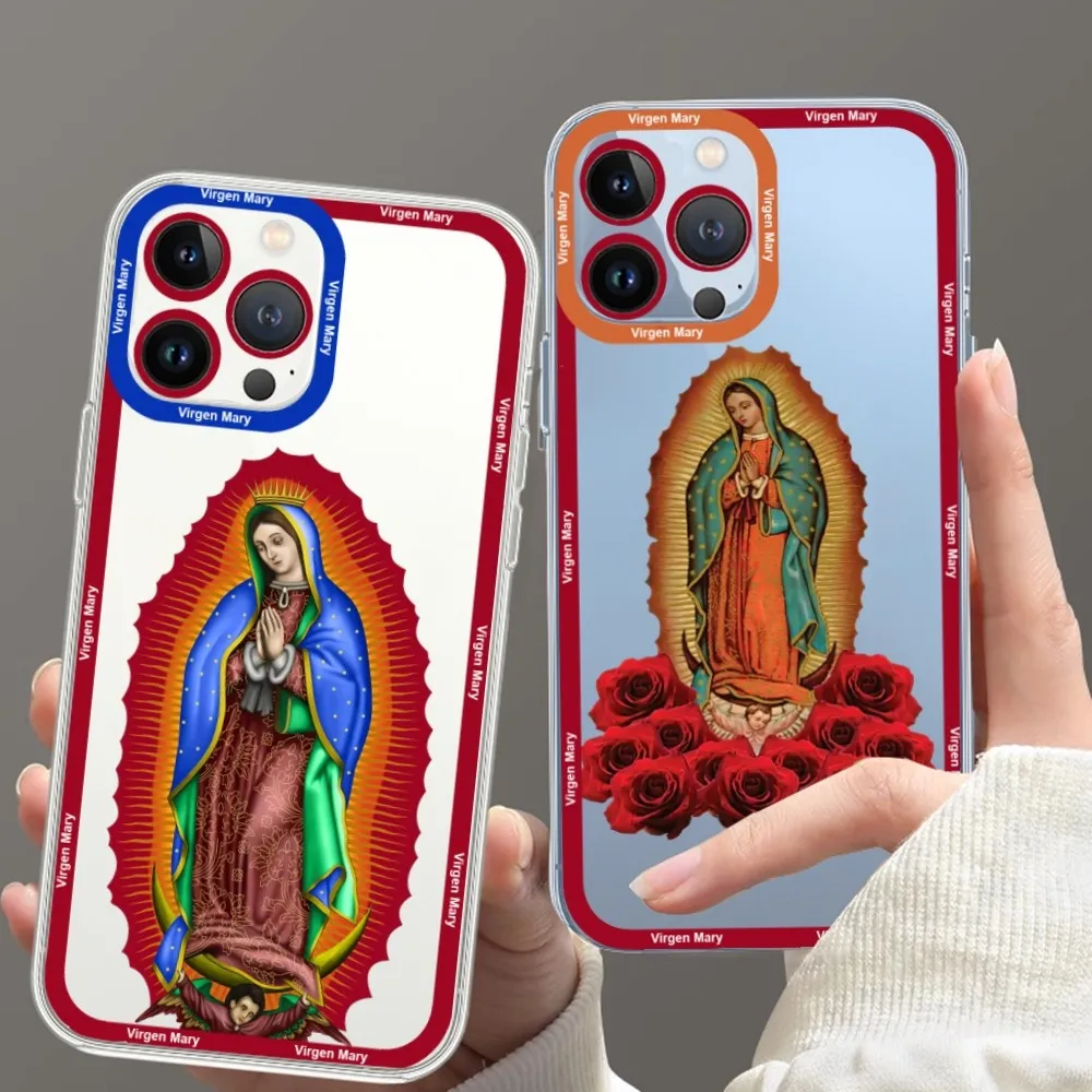 Virgin De Guadalupe Virgen Mary Phone Case For iPhone 11 12 Mini 13 14 15 Pro Max Transparent Shell