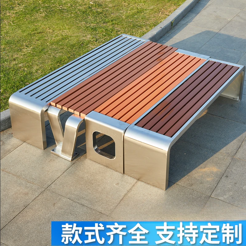 Park chair outdoor anti-corrosion plastic wood seat square outdoor simple row chair stainless steel stool garden leisure chair