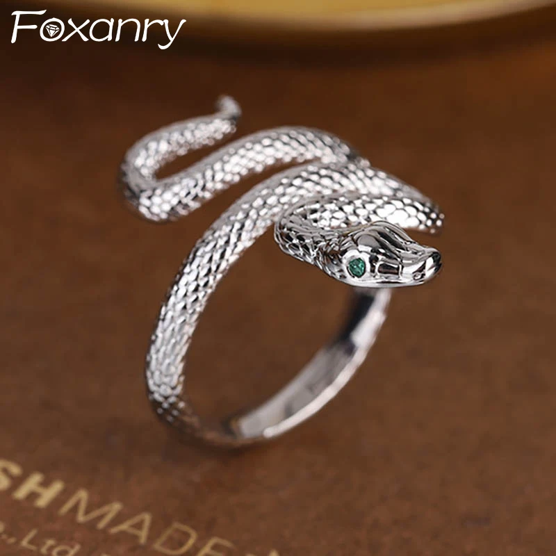 FOXANRY Green Zircons Eyed Snake Rings for Women Couples New Fashion Vintage Punk Geometric Handmade Party Jewelry Gifts