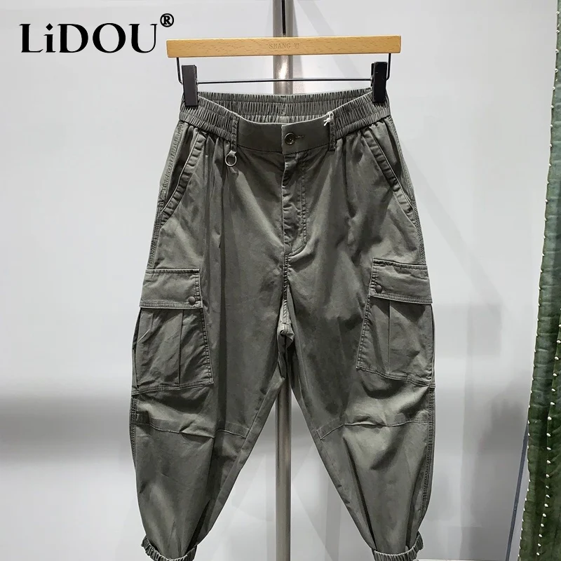 Spring Autumn New Solid Color All-match Haren Pants Man Elastic Waist Zipper Button Pockets Street Personality Pencil Trousers