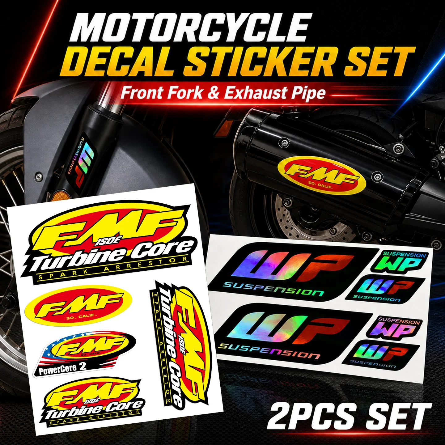 2PCS WP/FMF Powercore 2 Motorcycle Stickers Moto Motocross Scooter Body Fork Suspension Shock Exhaust Pipe Accessories Decals