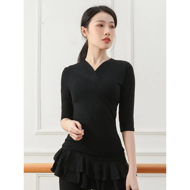 

Modern Dance Costumes Women's Dance Practice Uniforms Modal Mid Sleeve V-Neck New Black Body Training