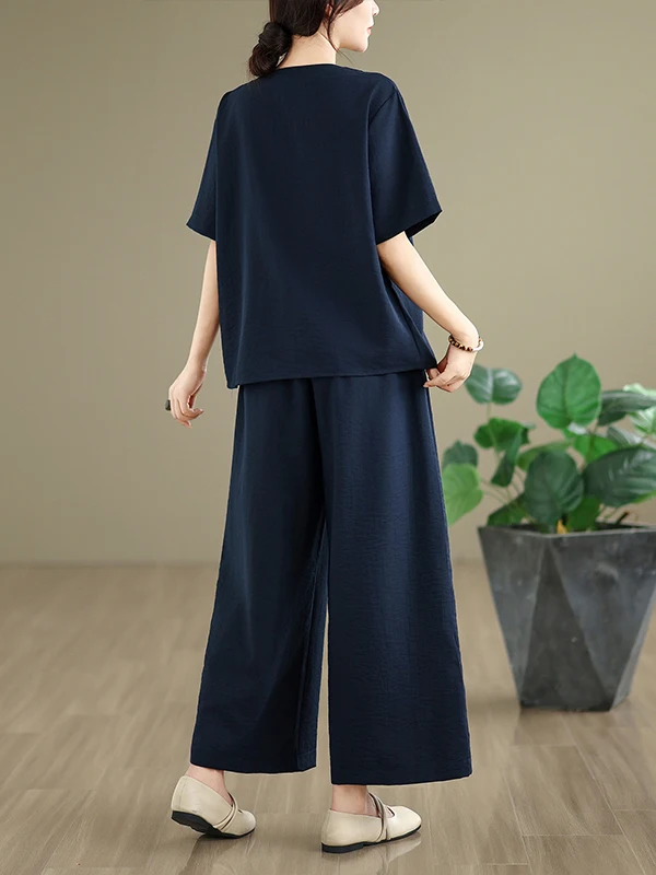 

Casual Stripe Splicing T-irt And Wide Leg Pants Two-Piece Set for Women ort Sve Elastic Waist Summer New Arrival