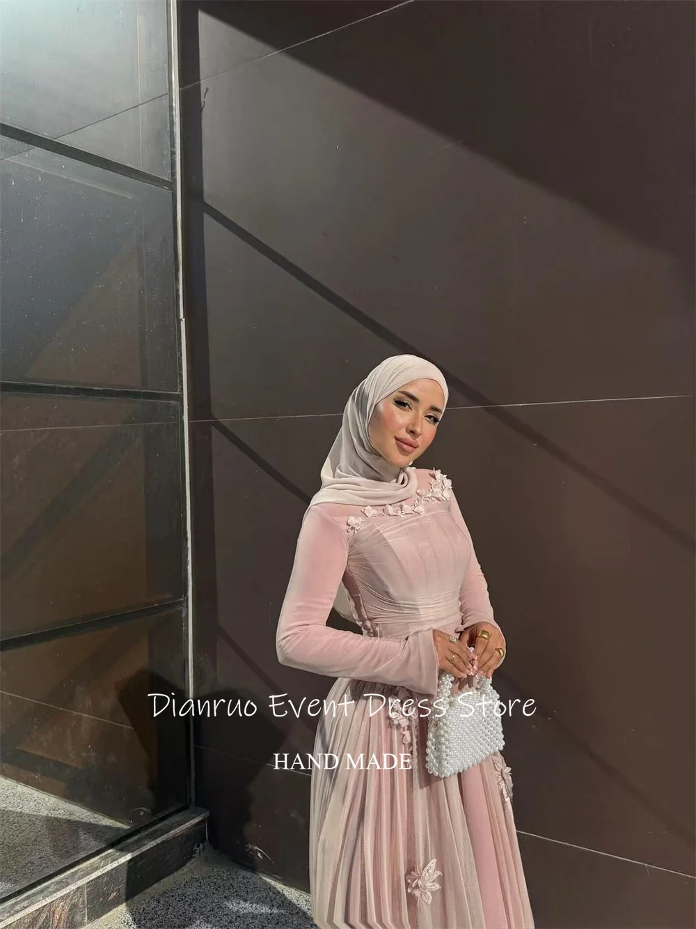 Dianruo 3D 꽃 쉬폰 이브닝 드레스 절묘한 핑크 댄스 파티 드레스 라인 Pleated 이슬람 아라비아 Vestidos De Fiesta Customized